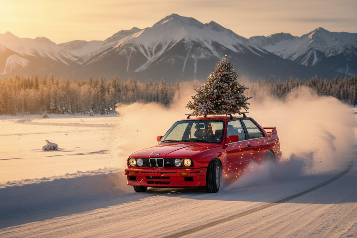 van een bmw e30 met kerstverlichting om de auto 